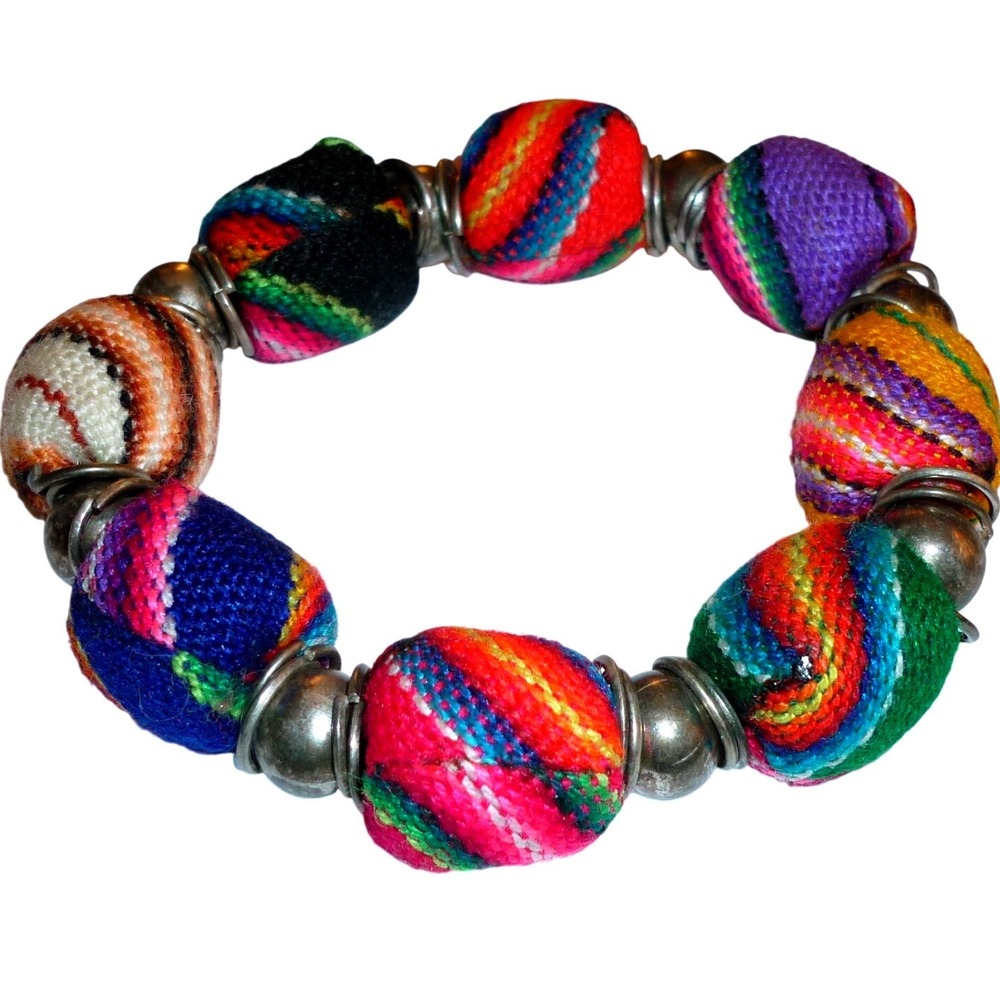 Vintage Guatemalan Huipil Fabric Wrapped Beaded Stretch Bracelet Silver Spacers